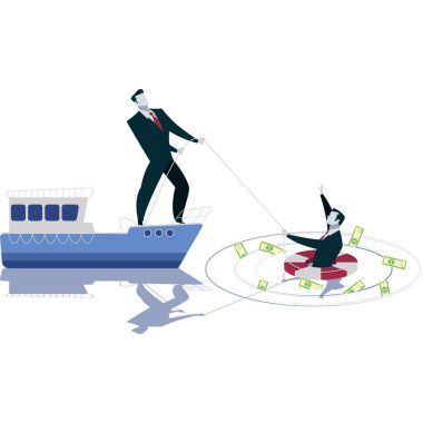 Kurtarma ekibi deniz vektöründeki batan iş adamlarının hayatını kurtarmaya yardım ediyor. İflas, sigorta fiyaskosu, finansal kriz konsepti. İş için can simidi, devlet para yardımı