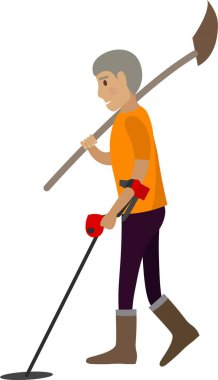 Metal dedektörü ve kürek vektör ikonu olan erkek arkeolog beyaz arkaplanda izole edildi