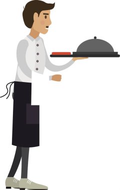 Beyaz arka planda taze pişmiş restoran yemek ikonu taşıyan garson adam.