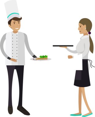 Şef ve garson beyaz arka planda izole edilmiş yemek vektör simgesi servis ediyorlar.