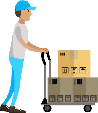 Beyaz arka planda izole edilmiş karton paket vektör ikonu içinde kırılgan cam eşyalar ile depo işçisi psghing sepet