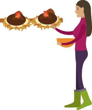 Beyaz arka planda izole edilmiş tavuk vektör simgesinden yumurta toplayan dişi çiftçi.