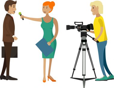 Kadın sunucu iş adamı, operatör çekim videosu rapor vektör simgesi beyaz arkaplan izole