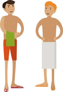 Beyaz arka planda izole edilmiş duş vektör ikonu aldıktan sonra havlu giyen iki adam.