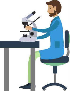 Beyaz arkaplanda izole edilmiş laboratuvar vektör simgesinde mikroskopla çalışan araştırmacı