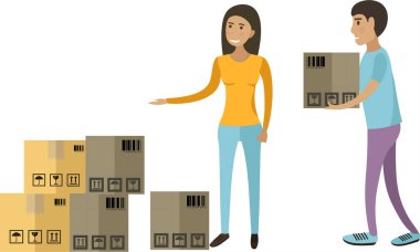Kadın ve erkek lojistik ekibi beyaz arka planda izole edilmiş kutucuk vektör simgesini istifliyor