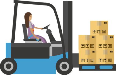 Forklift kullanan kadın depo çalışanı beyaz arka planda izole edilmiş kutu vektör simgesiyle yüklendi