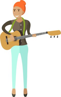 Beyaz arkaplanda gitar vektörü simgesi çalan kadın