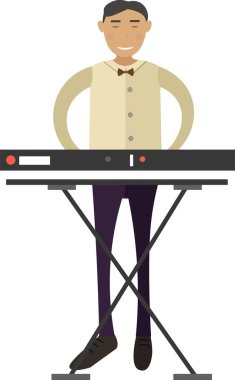 Beyaz arkaplanda sentezleyici vektör simgesini çalan piyanist izole edildi