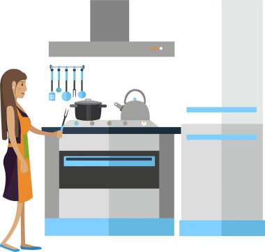 Mutfak vektör simgesinde yemek pişiren kadın beyaz arka planda izole edildi