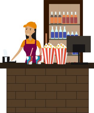 Satıcı kadın beyaz arka planda izole edilmiş vektör simgesinde abur cubur satıyor