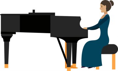 Piyano vektörü ikonunu çalan kadın piyanist beyaz arkaplanda izole edildi