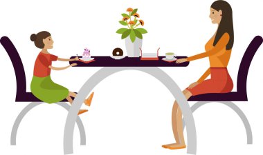 Genç anne ve küçük kızın beyaz arka planda izole edilmiş Kafe Restoran vektör ikonu atıştırmalıkları var.