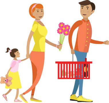 Çocuklu mutlu aile, beyaz arkaplanda izole edilmiş vektör simgesi alışverişi yapıyor.
