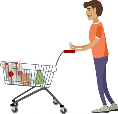 Marketten alışveriş yapan adam beyaz arka planda izole edilmiş vektör simgesi kullanıyor