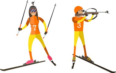 Beyaz arkaplanda izole edilmiş slalom vektör simgesi sergileyen sportif erkek ve kadın