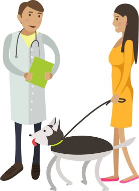 Köpeği veteriner vektör simgesine götüren kadın beyaz arka planda izole edilmiş