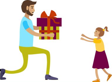 Baba beyaz arka planda izole edilmiş kız vektör simgesine hediye kutusu veriyor