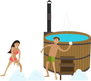 Beyaz arkaplanda izole edilmiş sıcak bahar banyo vektör ikonu sonrasında kartopu oynayan çift