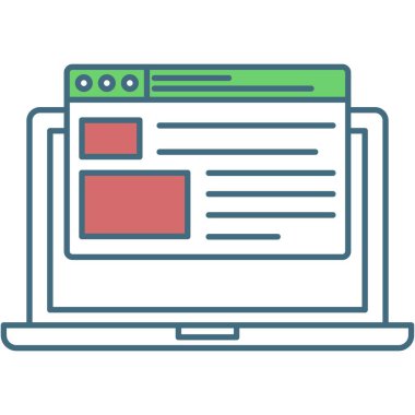 Ekranda vektör web sitesi olan dizüstü bilgisayar simgesi. Tarayıcı web sayfası. Düz kablo, internet portalı pencere düzeni. İniş sayfası, evet.