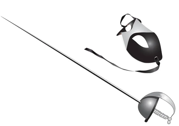 Schwarz Weiße Illustration Von Schwert Und Maske Isoliert Auf Weißem — Stockvektor