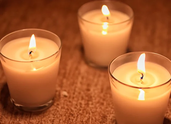 Three Burning Candles Glass Cups Soft Focus — Stock Photo, Image