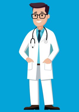 Boynunda steteskop olan beyaz önlüklü çizgi film doktoru.