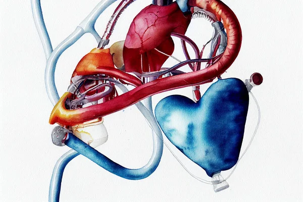 Watercolor illustration of an artificial heart on a white background. An artificial heart is a device that replaces the heart.