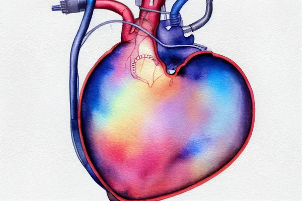 Watercolor illustration of an artificial heart on a white background. An artificial heart is a device that replaces the heart.
