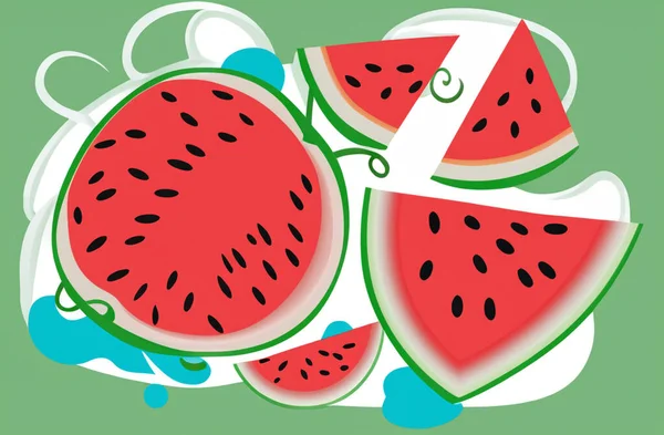 Illustration Vattenmelonskivor Grön Bakgrund — Stockfoto