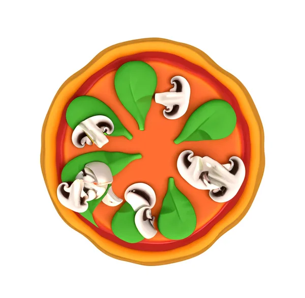 白い背景にキノコが隔離されたベジタリアンピザの3D画像 — ストック写真