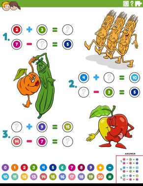 Çizgi film çizimi Matematiksel toplama ve çizgi roman meyve ve sebze karakterleri ile çıkarma bulmacası