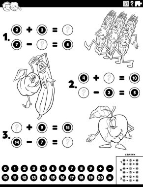 Matematiksel ekleme ve çıkarmanın karikatür çizimi. Çizgi roman meyve ve sebze karakterleri boyama sayfası.