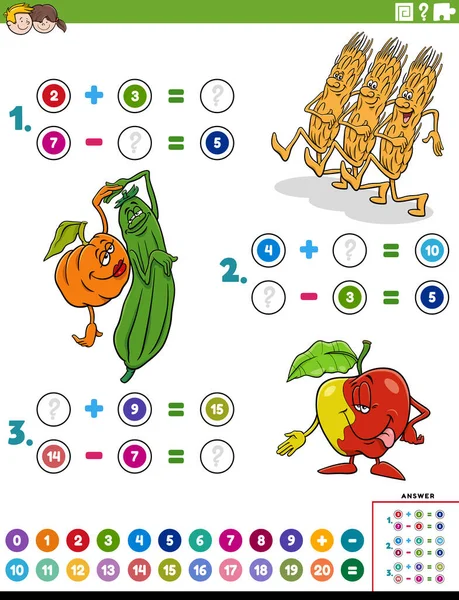 Cartoon Ilustrace Vzdělávací Matematické Sčítání Odčítání Puzzle Komické Ovoce Zelenina — Stockový vektor