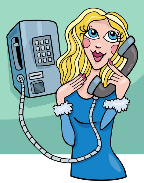 Cartoon Ilustrace Mladé Ženy Komické Postavy Mluvení Staré Telefonní Budce — Stockový vektor