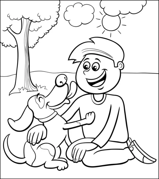 Schwarz Weiße Cartoon Illustration Des Jungen Mit Seinem Niedlichen Hund — Stockvektor