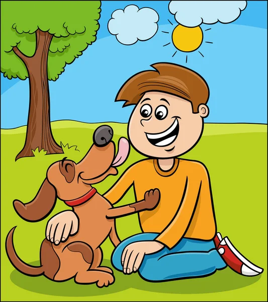 Ilustrasi Kartun Karakter Anak Laki Laki Dengan Anjingnya Yang Lucu - Stok Vektor