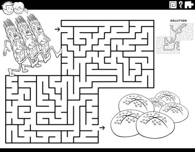 Tahıl ve ekmek boyama sayfası olan çocuklar için eğitici labirent bulmaca oyununun siyah beyaz çizimi