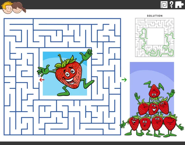 Tecknad Illustration Pedagogiska Labyrint Pusselspel För Barn Med Jordgubbar Frukt — Stock vektor