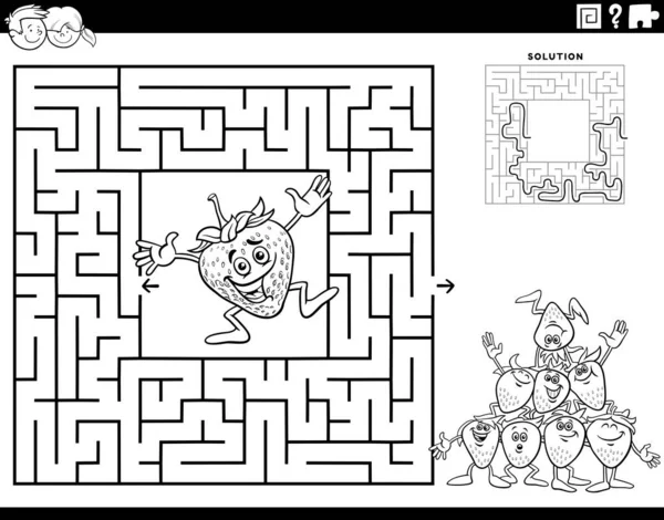イチゴの果物の文字のぬりえページを持つ子供のための教育迷路パズルゲームの黒と白の漫画のイラスト — ストックベクタ