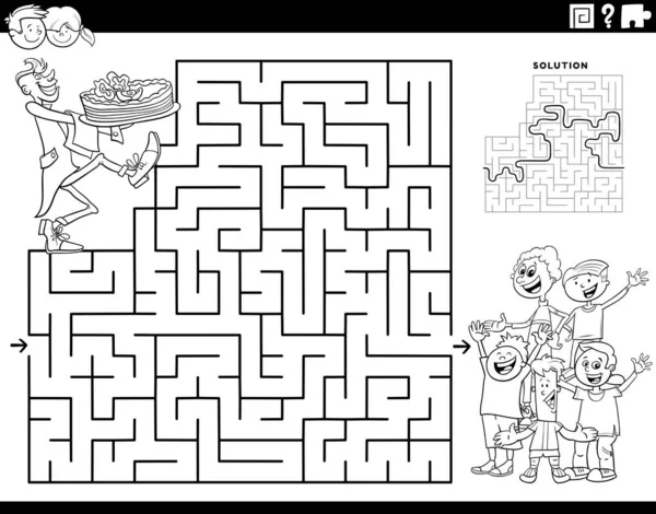 教育用迷路パズルゲームの黒と白の漫画イラストケーキや子供とウェイターとグループの着色ページ — ストックベクタ