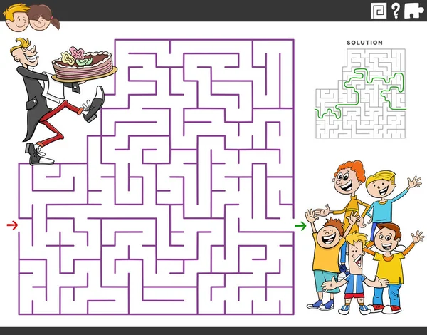 教育迷路のパズルゲームの漫画イラストケーキと子供のグループとウェイター — ストックベクタ
