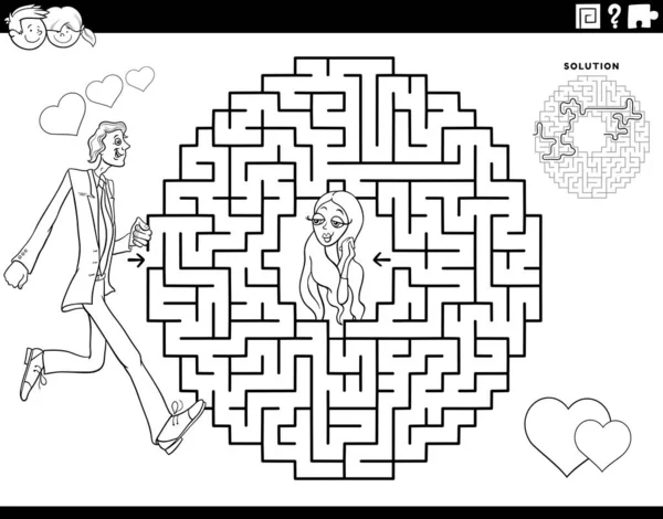 愛とかわいい女の子の着色のページで男と子供のための教育迷路パズルゲームの黒と白の漫画のイラスト — ストックベクタ
