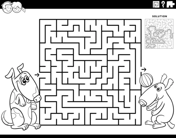 儿童教育迷宫游戏的黑白卡通画 两只爱玩的狗的彩色页面 — 图库矢量图片