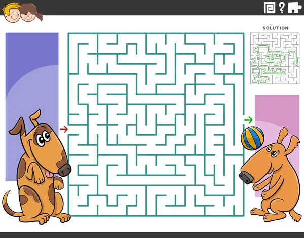 带两只爱玩的狗的儿童教育迷宫游戏的卡通画 — 图库矢量图片