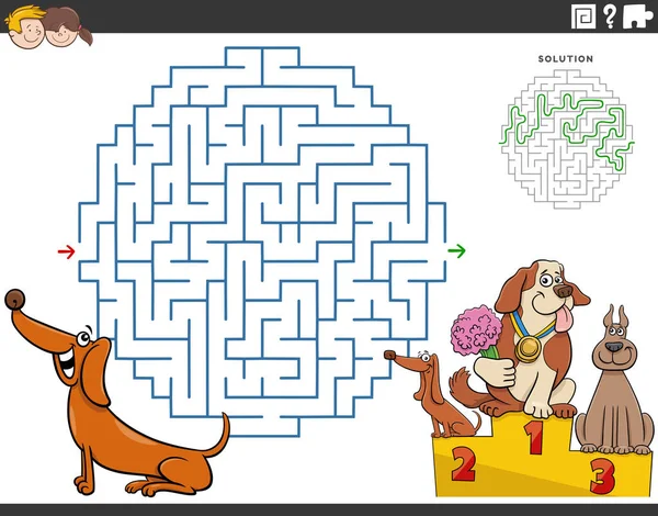 带狗和狗的儿童教育迷宫游戏的卡通画 — 图库矢量图片
