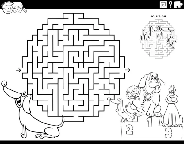 アヒルの犬と犬のショーの着色ページを持つ子供のための教育の迷路パズルゲームの黒と白の漫画のイラスト — ストックベクタ