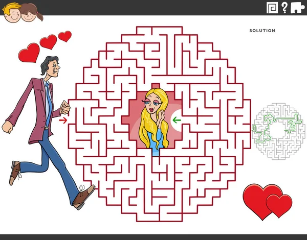 Tecknad Illustration Pedagogiska Labyrint Pusselspel För Barn Med Man Kärlek — Stock vektor