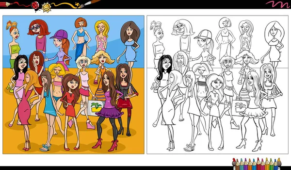 Ilustracja Kreskówki Kobiet Komiks Znaków Grupy Kolorowanki — Wektor stockowy