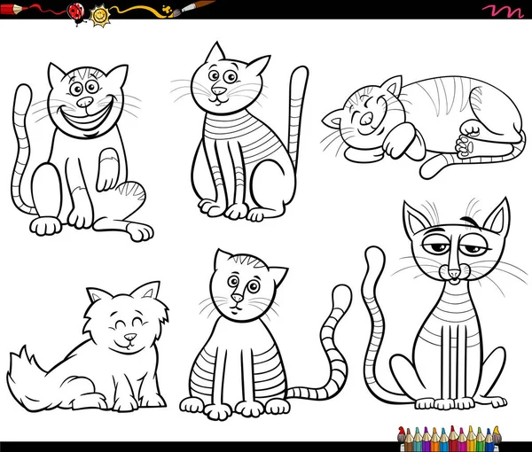 Illustrazione Bianco Nero Del Fumetto Gatti Divertenti Personaggi Animali Set — Vettoriale Stock